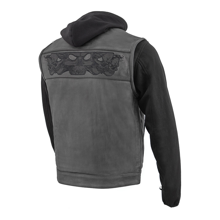 Leather Vest (MLM3563) - Men’s Black Vest with Reflective Skulls & Full Hoodie Liner