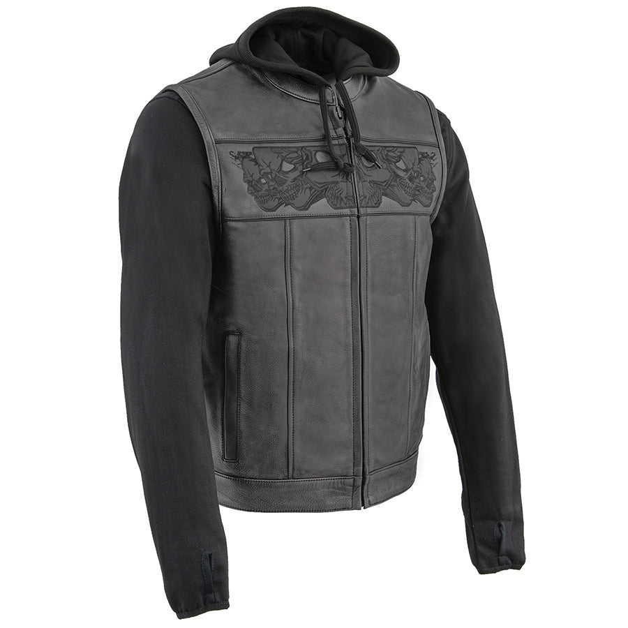 Leather Vest (MLM3563) - Men’s Black Vest with Reflective Skulls & Full Hoodie Liner