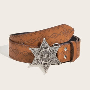 Belt (10930245) Western Cowboy Faux Leather Belt / Sheriff Star Buckle Embossed Retro - NEW