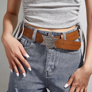 Belt (10930245) Western Cowboy Faux Leather Belt / Sheriff Star Buckle Embossed Retro - NEW