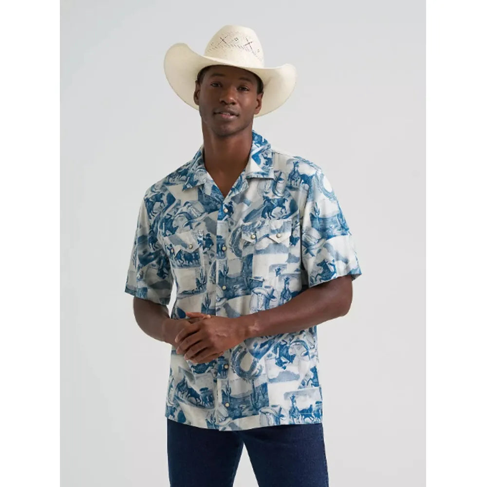 Top Men's-SZ-2026-112378981 -Wrangler Cowboy Short Sleeve Camp Shirt - Cowboy Toile ASST-SS-89
