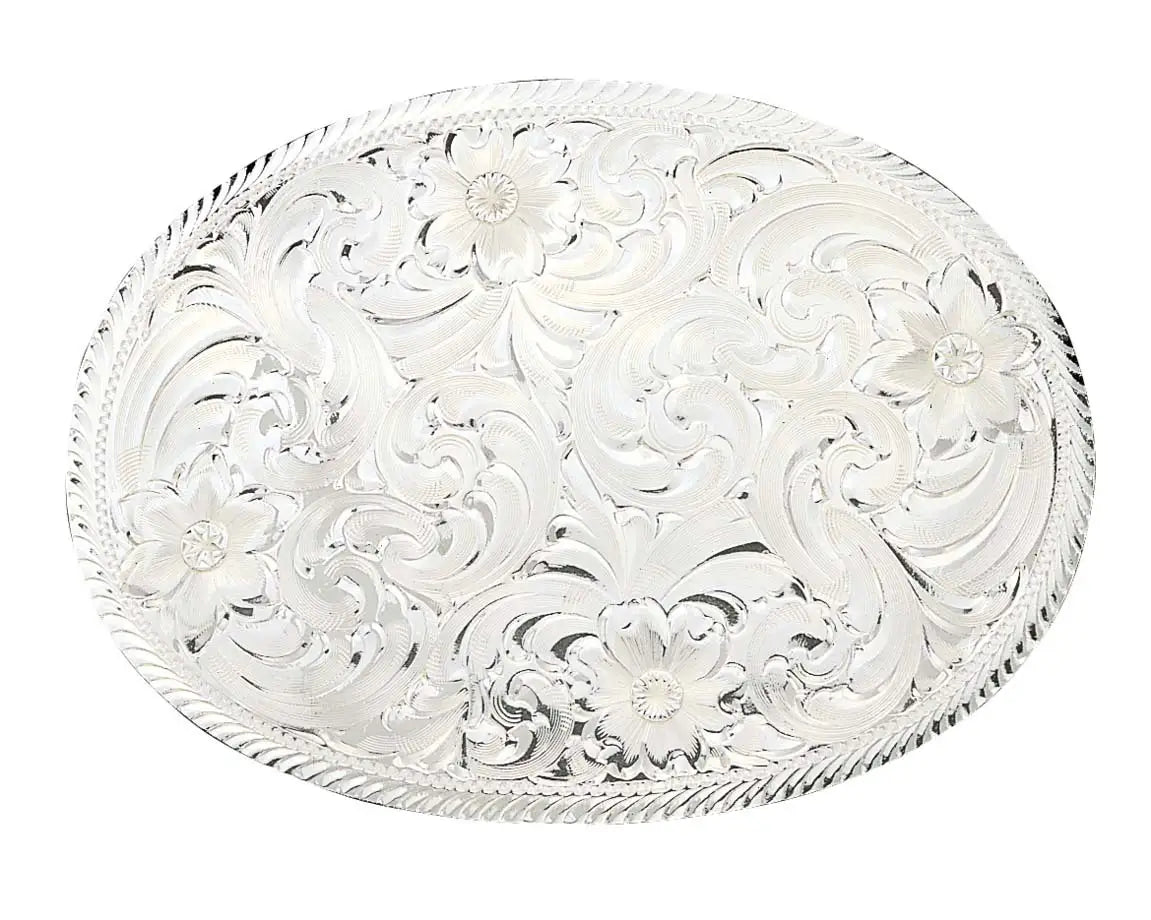 Buckle (1840) – Montana Silversmiths Oval Silver Engraved Western Belt Buckle with Etched Trim
