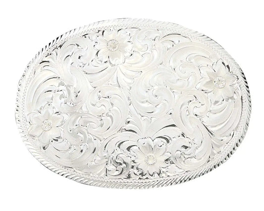 Buckle (1840) – Montana Silversmiths Oval Silver Engraved Western Belt Buckle with Etched Trim