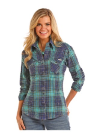 Top Women's BFS-2025 (22S7963) - Brushed Cotton/Lightweight Flannel Snap Shirt Plaid Turquoise