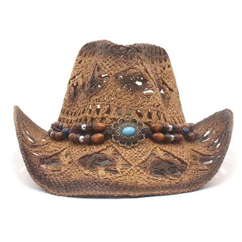 Hat (316616) Western Hollow Straw Bohemian Vintage Turquoise Bead - NEW