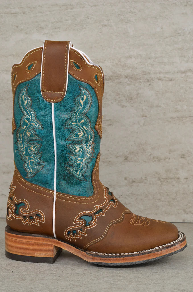 Boot Kids (3203) - Kid's Rodeo Boots - Turquoise/Brown/White Stitching NEW