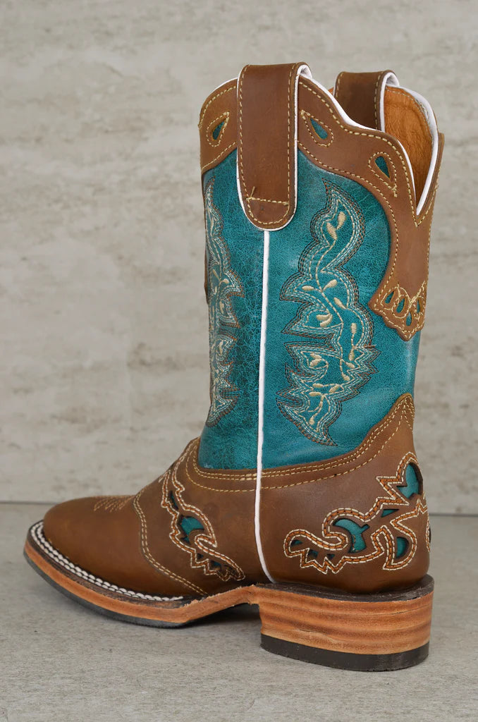 Boot Kids (3203) - Kid's Rodeo Boots - Turquoise/Brown/White Stitching NEW