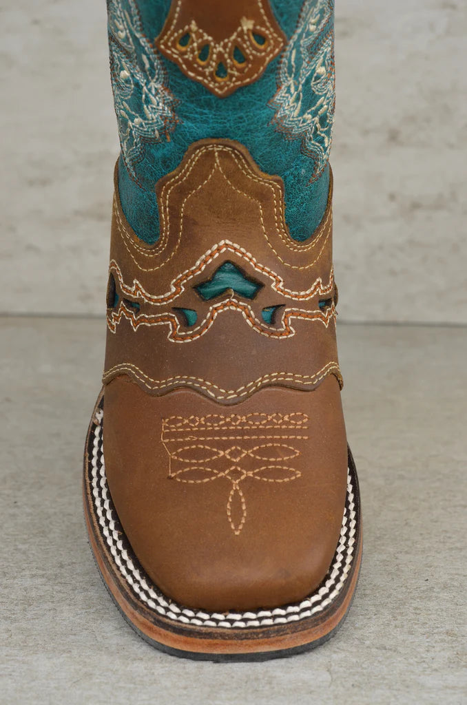 Boot Kids (3203) - Kid's Rodeo Boots - Turquoise/Brown/White Stitching NEW