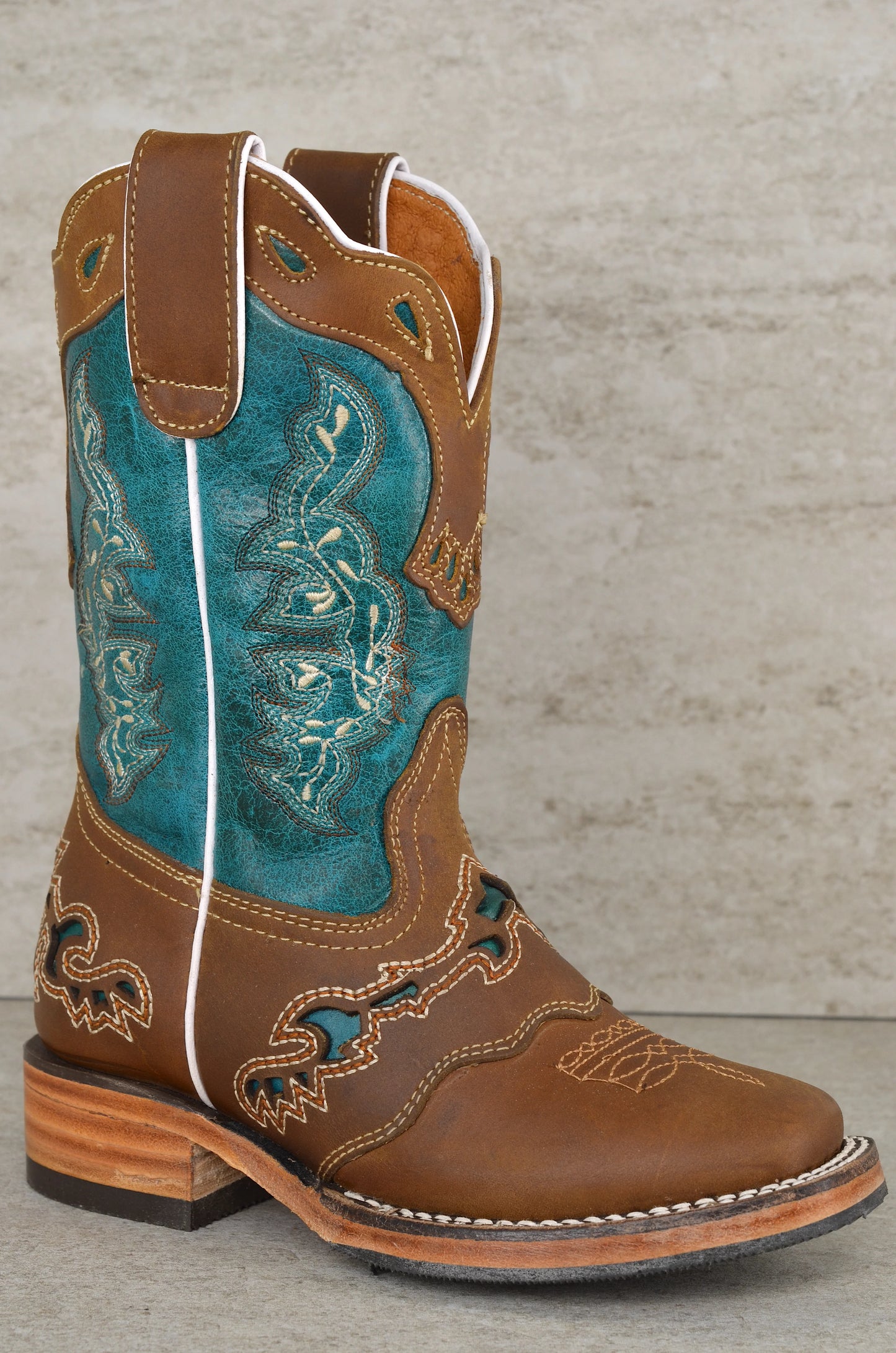 Boot Kids (3203) - Kid's Rodeo Boots - Turquoise/Brown/White Stitching NEW