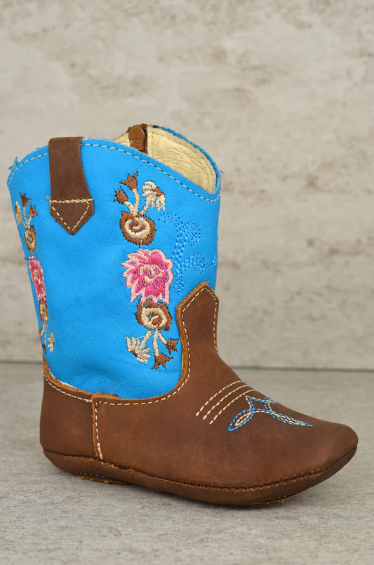 Boot Kids (0354) - Infant Lil' Cowpoke Boots - Brown/Blue w/Floral Design