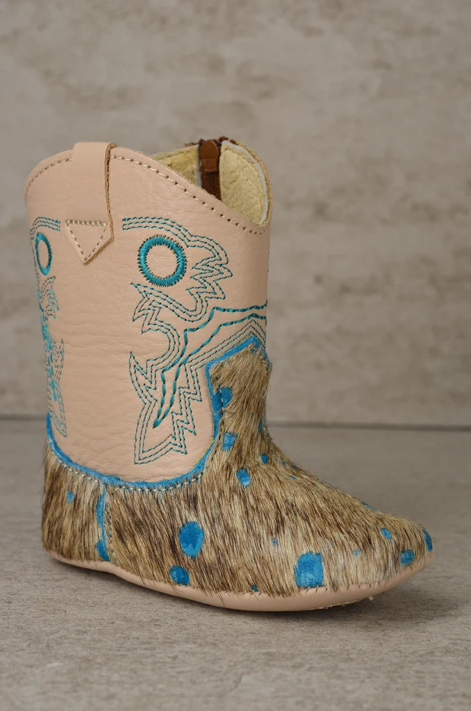 Boot Kids (0363) - Infant Lil' Cowpoke Boots -100% Cowhide Turquoise Brindle Hide