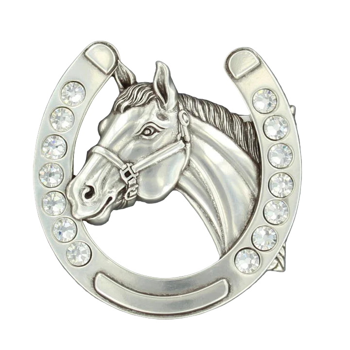 Buckle (37028) - Ladies Blazin Roxx Horseshoe with Horse, Silver/Rhinestones Belt Buckle