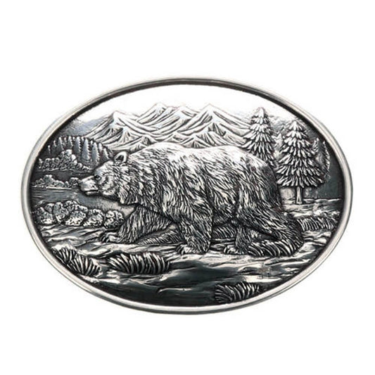 Buckle (37045) - Oval Silver Engraved Grizzly Bear