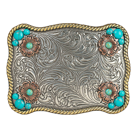 Buckle (37929) - Blazin Roxx Rectangle Flower Western Belt Buckle With Turquoise