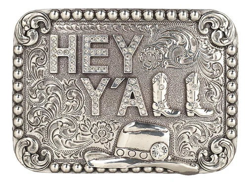Buckle (37932) - Blazin Roxx Rectangle Silver with Crystals "Hey Ya'll" Cowgirl Belt Buckle