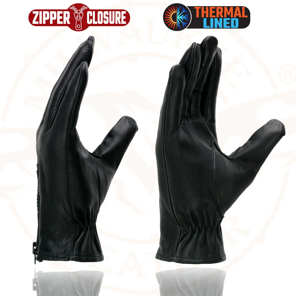 Gloves (SH226TH) - Men’s Milwaukee Leather SH226TH Men's Black Thermal Lined Leather Motorcycle Hand Gloves W/ Wrist Zipper Closure