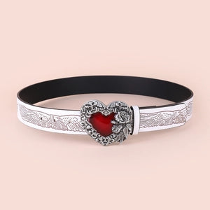 Belt (466607) Women Vintage Heart Buckle PU Leather / Belt Red Enamel Rose Carving - NEW
