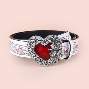 Belt (466607) Women Vintage Heart Buckle PU Leather / Belt Red Enamel Rose Carving - NEW