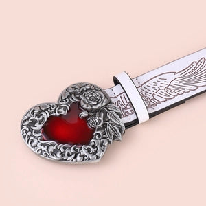 Belt (466607) Women Vintage Heart Buckle PU Leather / Belt Red Enamel Rose Carving - NEW