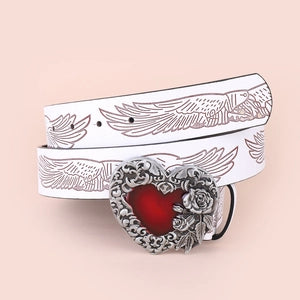 Belt (466607) Women Vintage Heart Buckle PU Leather / Belt Red Enamel Rose Carving - NEW