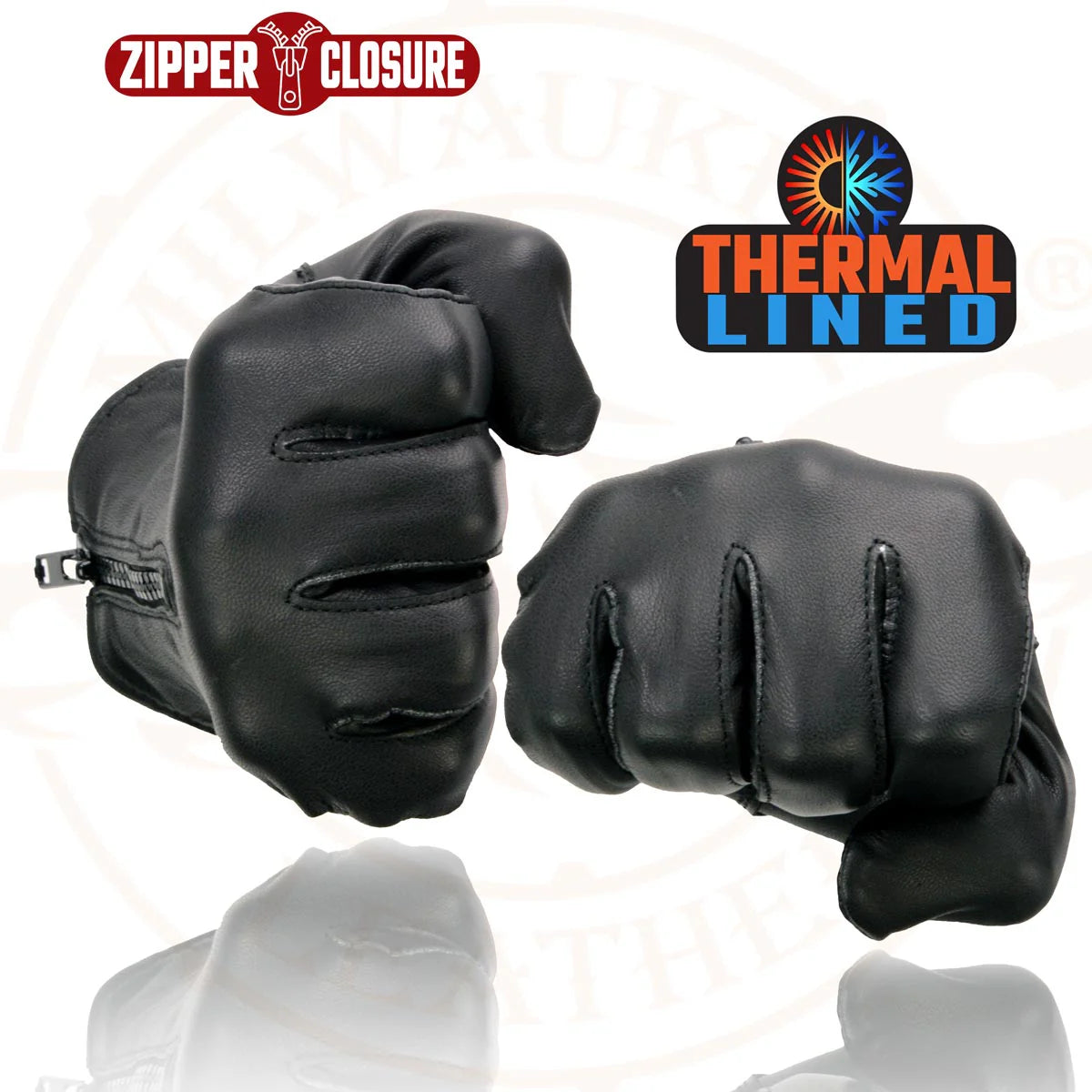 Gloves (SH226TH) - Men’s Milwaukee Leather SH226TH Men's Black Thermal Lined Leather Motorcycle Hand Gloves W/ Wrist Zipper Closure