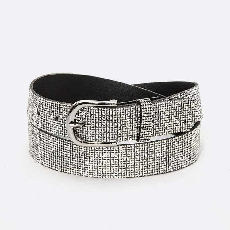 Belt (6153 SLV) - Women's  Rhinestone/Black Back Belt, 1.1" Wide - New