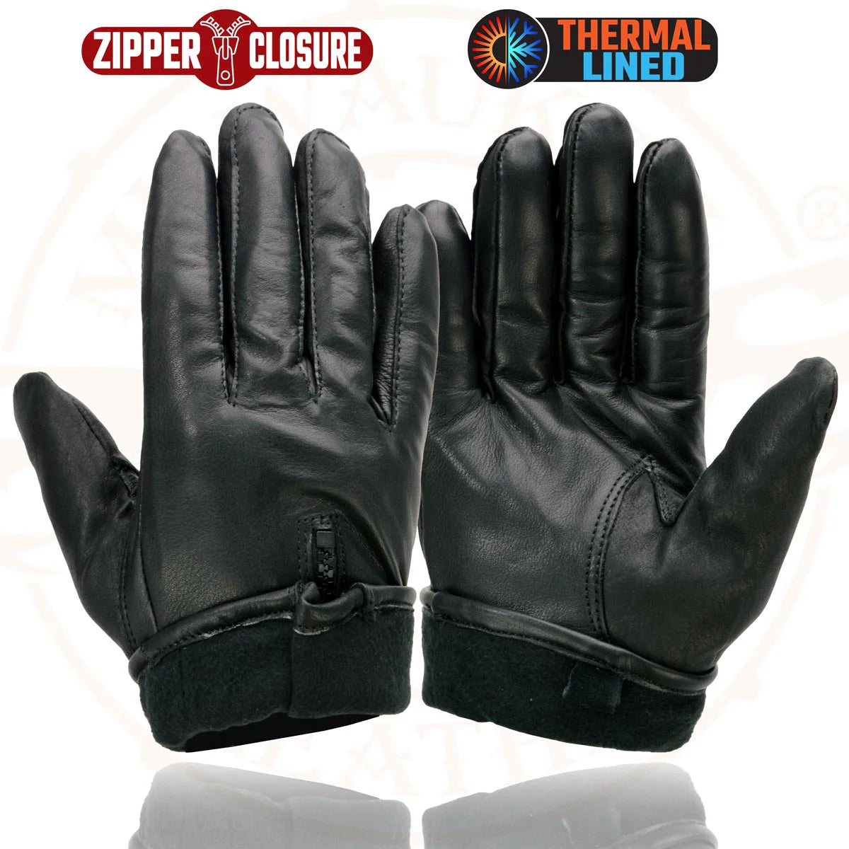Gloves (SH226TH) - Men’s Milwaukee Leather SH226TH Men's Black Thermal Lined Leather Motorcycle Hand Gloves W/ Wrist Zipper Closure