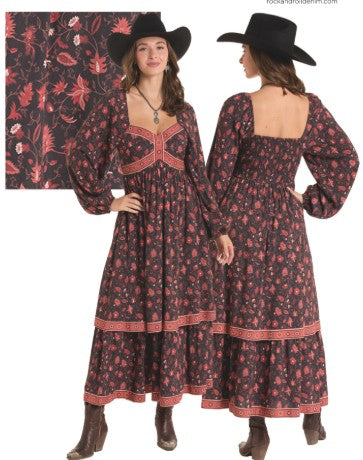 Long floral dress with a matching floral patterned box in the background.