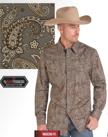 Top Men's SZN-2026 (BMN2SO 9651) Rock &amp; Roll Long Sleeve Snap Buttons Paisley Shirt - Brown