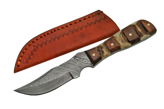 Knife (DM-1109) - Damascus Blade Bone/Wood Handle & Leather Sheathe