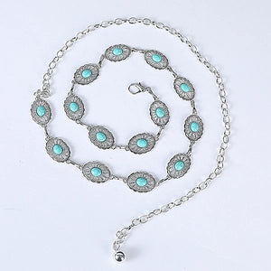 Belt (EVFV42M2WMR) Bohemian Vintage  Silver Tone Metal Waist Chain Synthetic Turquoise Inlaid Ethnic Style Belt Chain