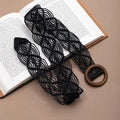 Belt (EVFV4KWRKJ9) Bohemian Black Woven Rope Belt with Round Wood Buckle