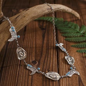 Belt (EVFV5356W5E) Western Cowboy Style Waist Chain Silver Plated Iron Alloy Turquoise Charms Boot Hat Pendant Punk Belly Body Chain