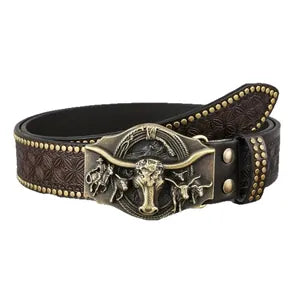 Buckle (EVFVWMQ58Q7) - Belt Buckle Western Cowboy Belt Punk Embossed PU Leather Large Alloy Buckle Rivet Decorative Ethnic Style