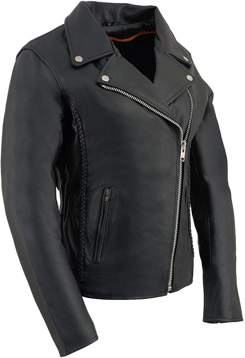 Leather Jacket (LKL2710) - Women's Black Braided