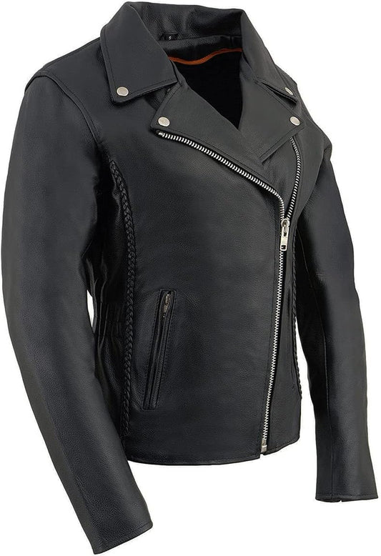 Leather Jacket (LKL2710) - Women's Black Braided