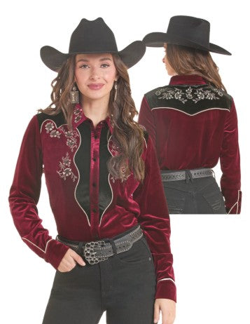 Top Women's SZN-OCT26 (LWN2S10243) - Panhandle Slim Long Sleeve Retro Embroidered Velvet Snap