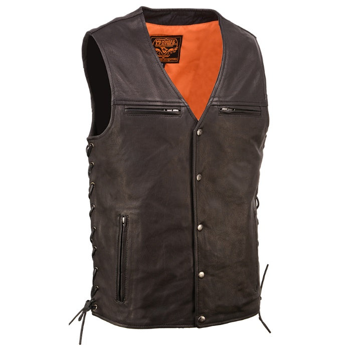 Leather Vest (MLM3517) - Mens Naked Goat Leather Vest with side Lace-ups