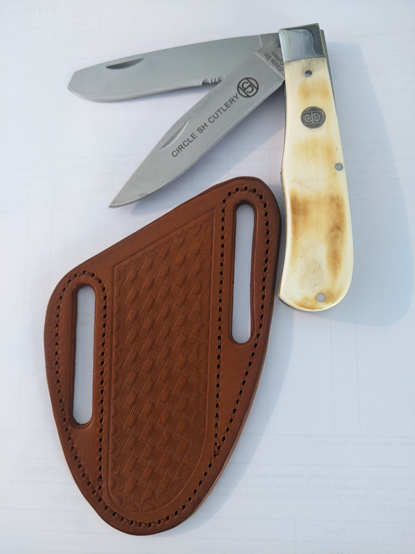 Knife (TX-BBF) Folding Knife, Bone Hand, Leather Sheath