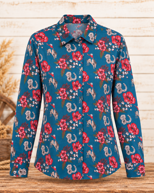 Top Women's SZS-2026 (RWN2S0 8856-LS) - Panhandle Slim Long Sleeve Floral Print - Teal