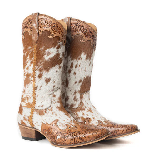 Boot Women's (S-12739) - Dakota Dust Handtooled Boots in Tan & White  NEW!