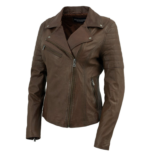 Leather Jacket (SFL2812) Milwaukee Leather Women's Vintage Motorcycle Inspired Vegan Tan - Brown