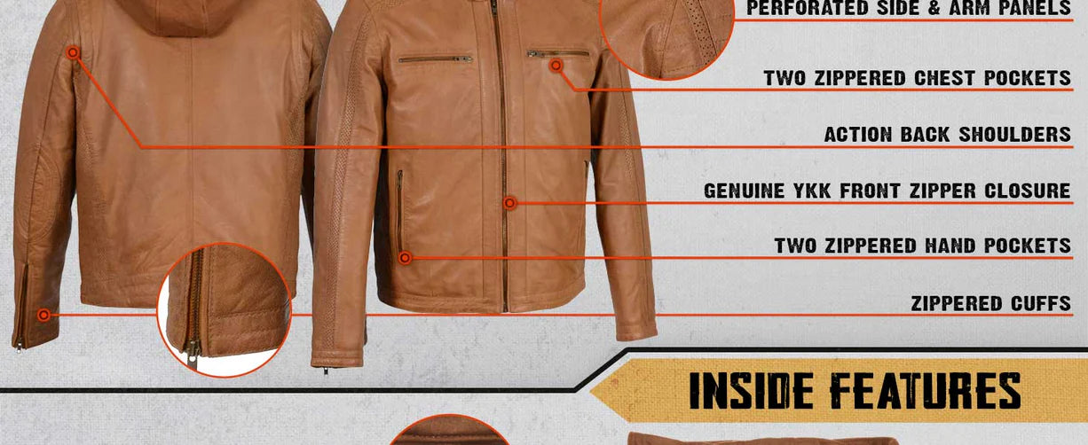 Leather Jacket (SFM1845) - Men’s Milwaukee Leather Jacket with Removable Hoodie - Saddle