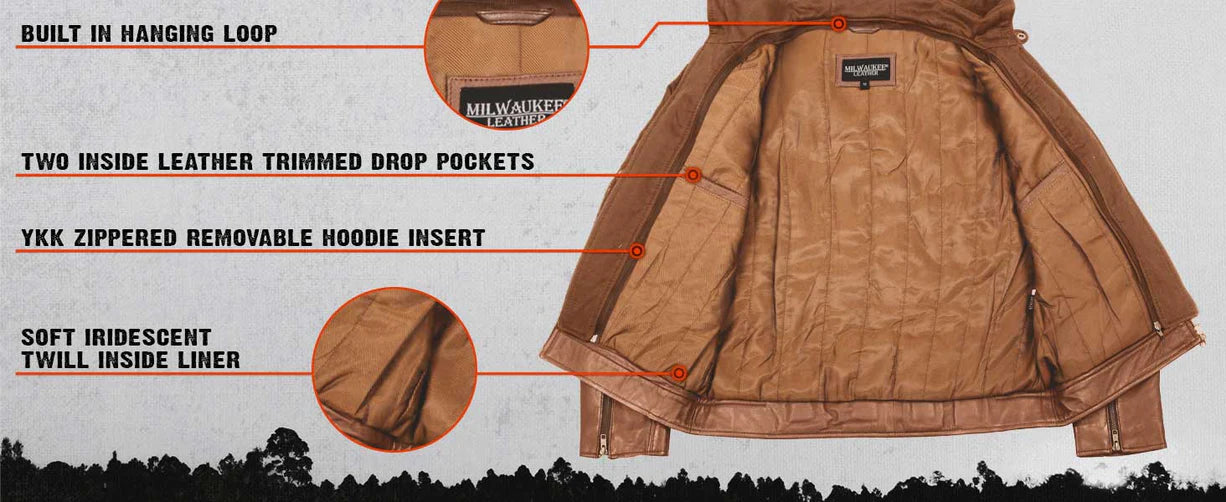 Leather Jacket (SFM1845) - Men’s Milwaukee Leather Jacket with Removable Hoodie - Saddle