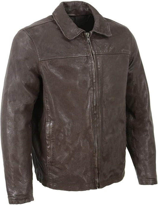 Leather Jacket (SH1804) - Men’s Classic Brown Zipper Front Jacket with Shirt Collar