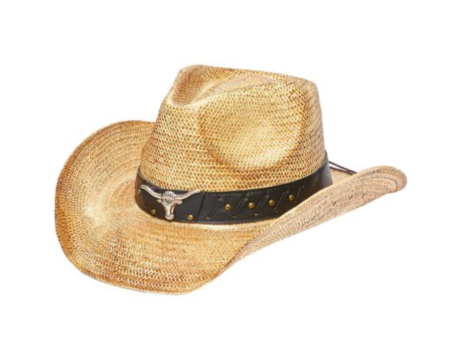 Hat (TX-2320) - Toyo Straw Western Hat with Longhorn in Tea Stain