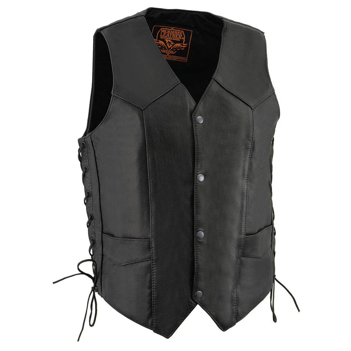Leather Vest (LKM3731) Men's Classic Side lace V-Neck Motorcycle Rider Vest Black.