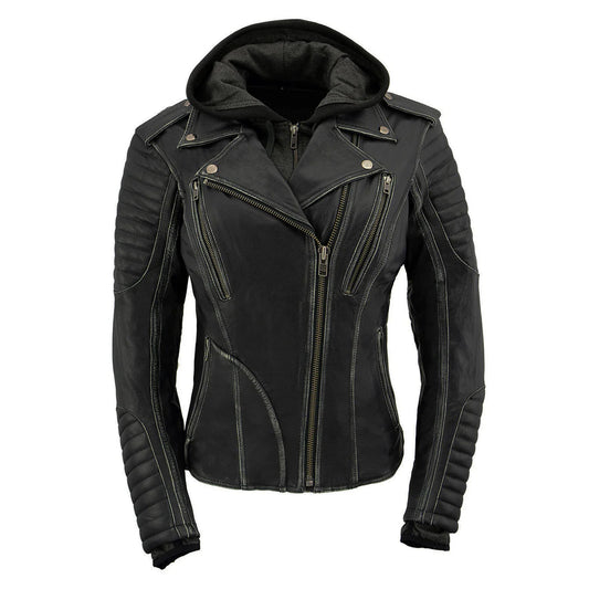 Leather Jacket  (MLL2516) - Women’s Milwaukee Leather Jacket with Hoodie-Black