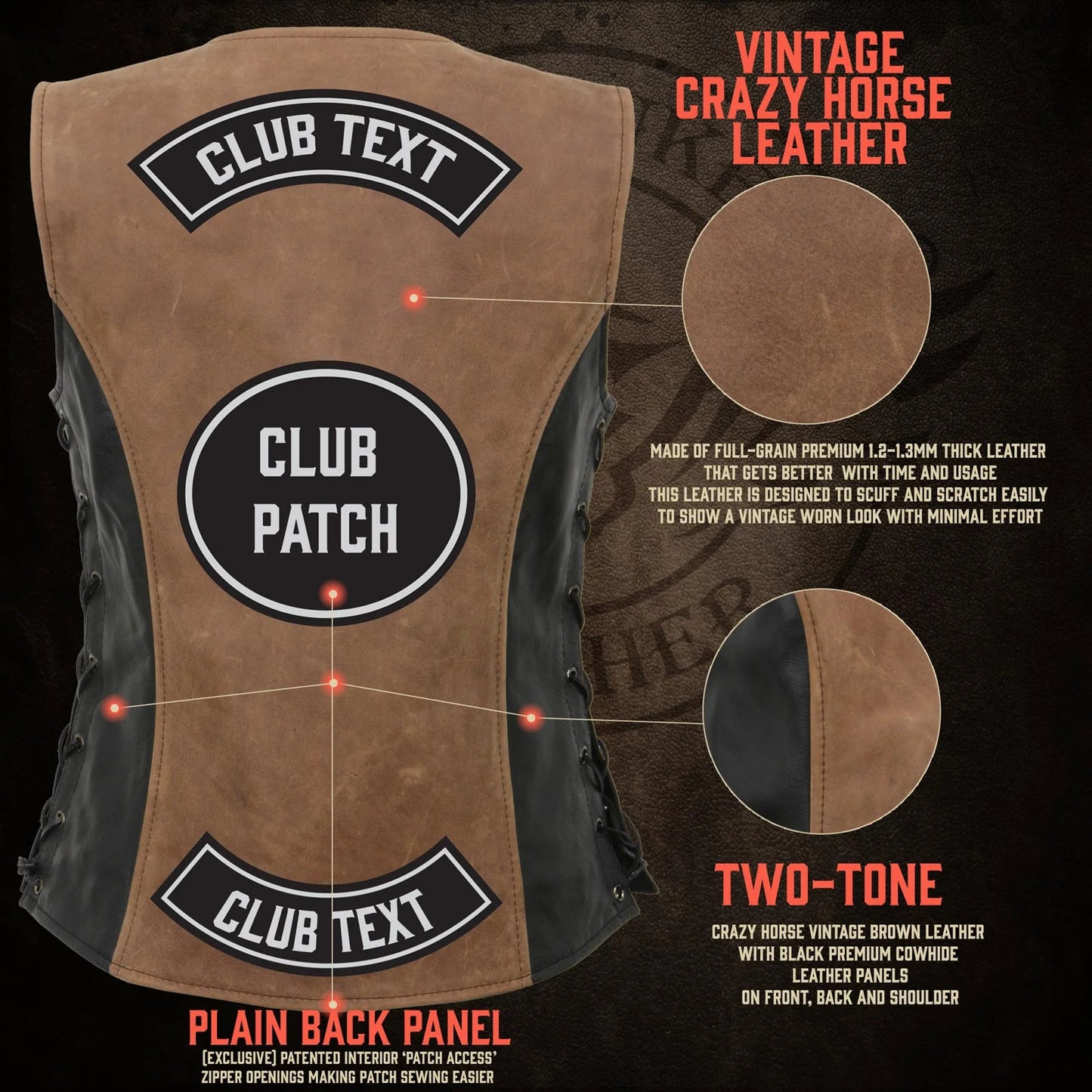 Leather Vest (MLL4508) Women's  'Trickster' 2 Tone Crazy Horse Leather Club Style Motorcycle