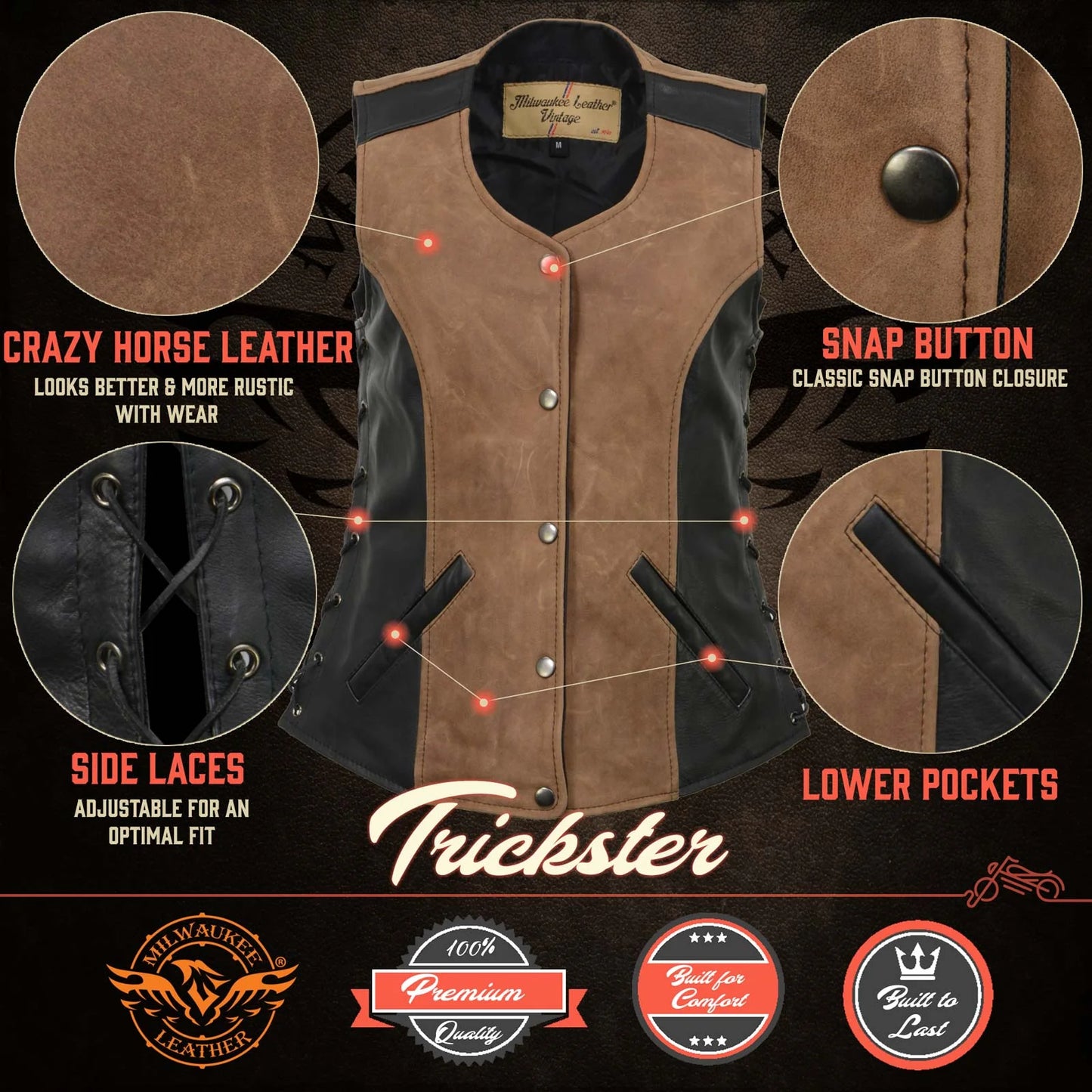 Leather Vest (MLL4508) Women's  'Trickster' 2 Tone Crazy Horse Leather Club Style Motorcycle